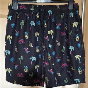 Men's Black Tropical Print Swim Shorts